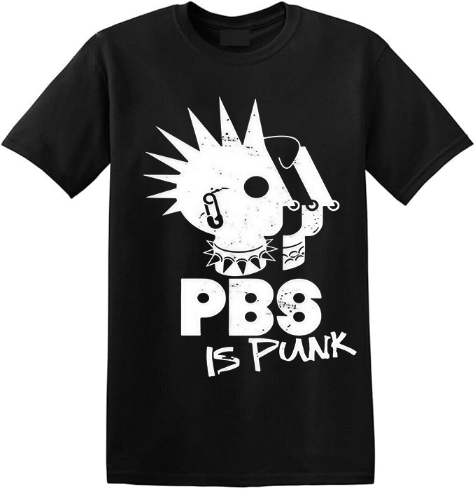 PBS Is Punk T-Shirt, Funny Retro Punk Rock Parody Tee with Spiky Hair & Safety Pins, Public Broadcasting Defender Shirt for Rebels